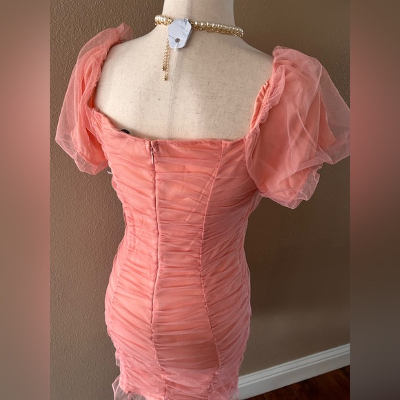 Elegant Peach Ruched Mesh Puff Sleeves Dress - Picture 8 of 14